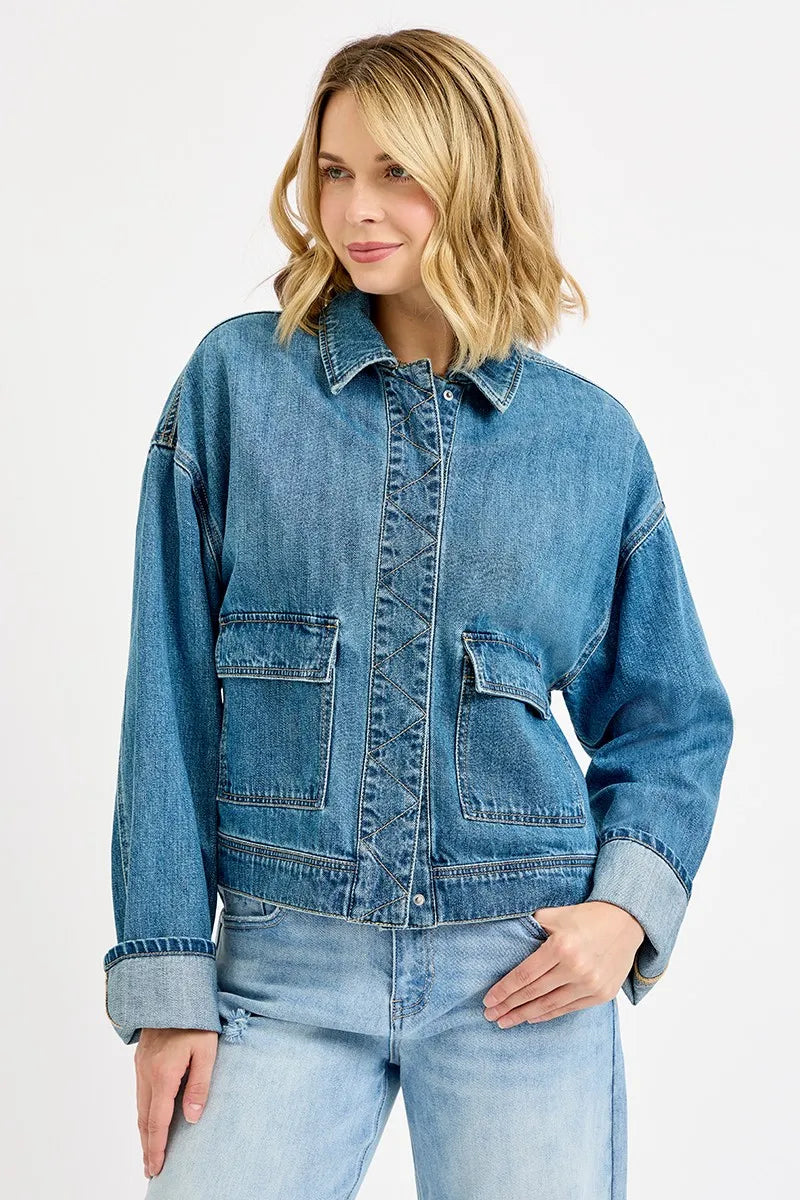 Hazel Blues® |  RISEN Oversized Cargo Pocket Denim Jacket with Cuffed Sleeves