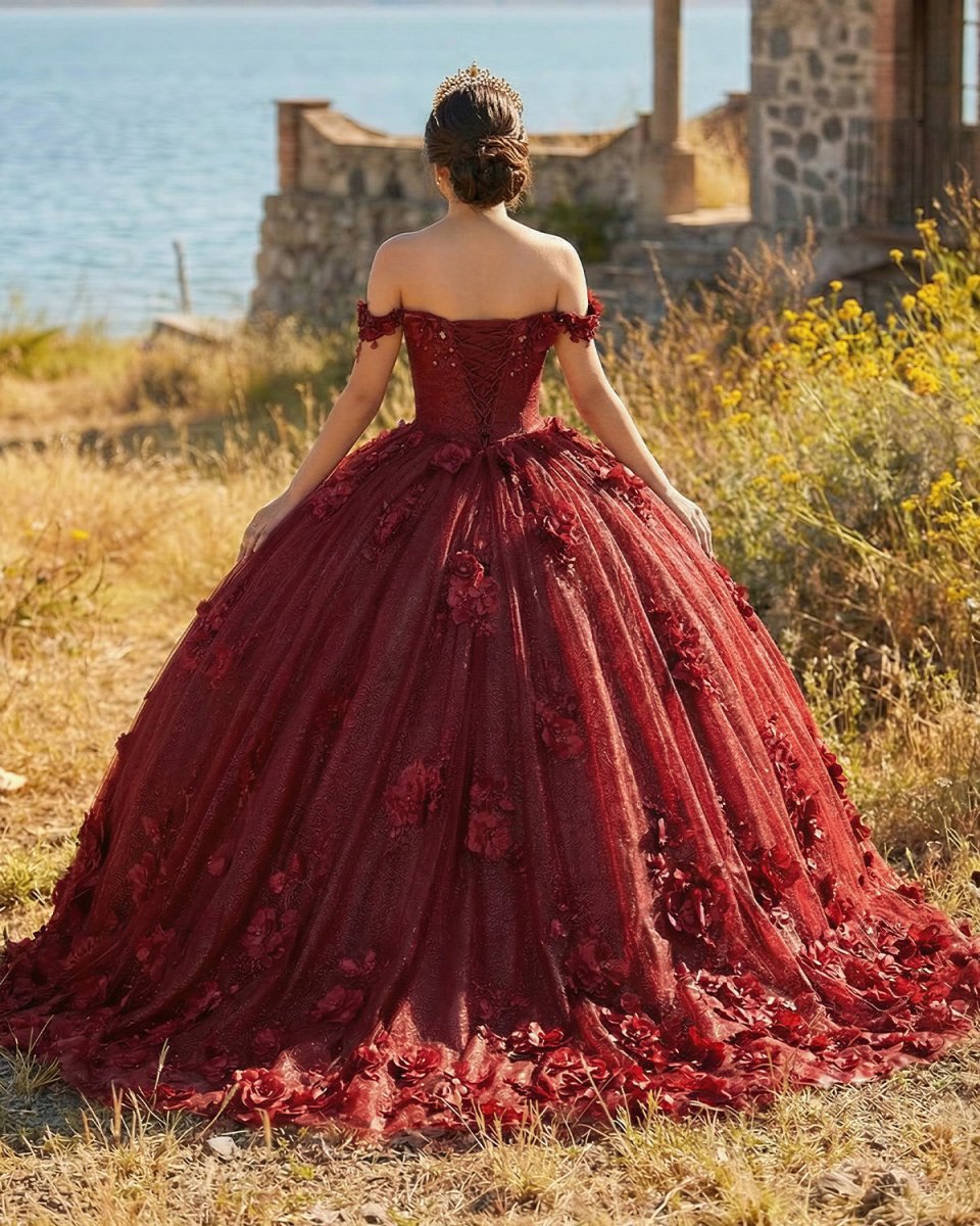Ball Gown Organza Off The Shoulder Burgundy Quinceanera Dress