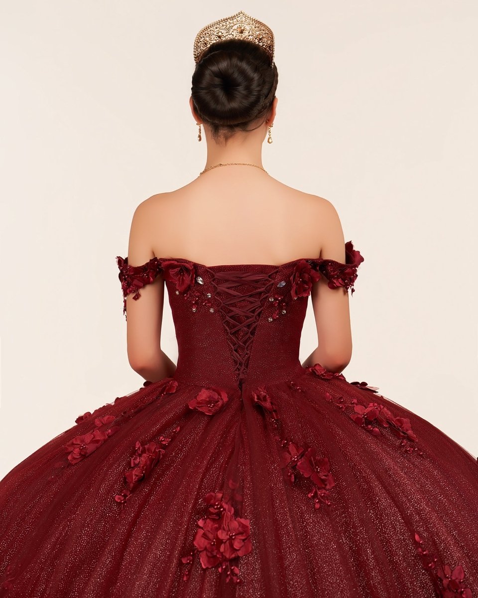 Ball Gown Organza Off The Shoulder Burgundy Quinceanera Dress
