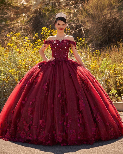 Ball Gown Organza Off The Shoulder Burgundy Quinceanera Dress
