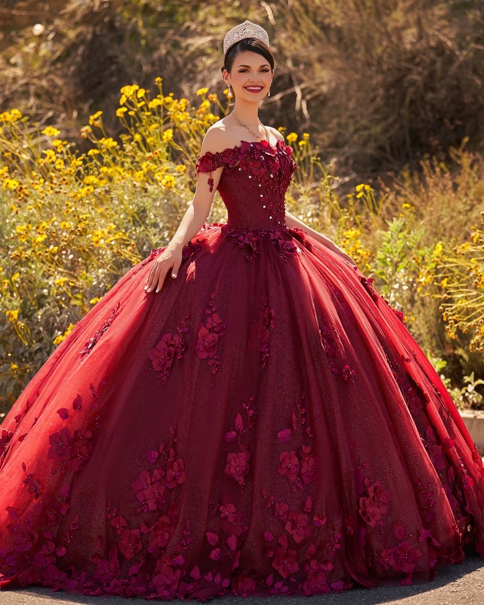Ball Gown Organza Off The Shoulder Burgundy Quinceanera Dress
