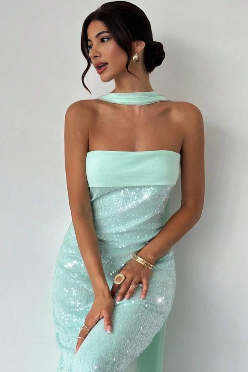 Aqua Strapless Sheath Sequined Formal Prom Dresses With Scarf