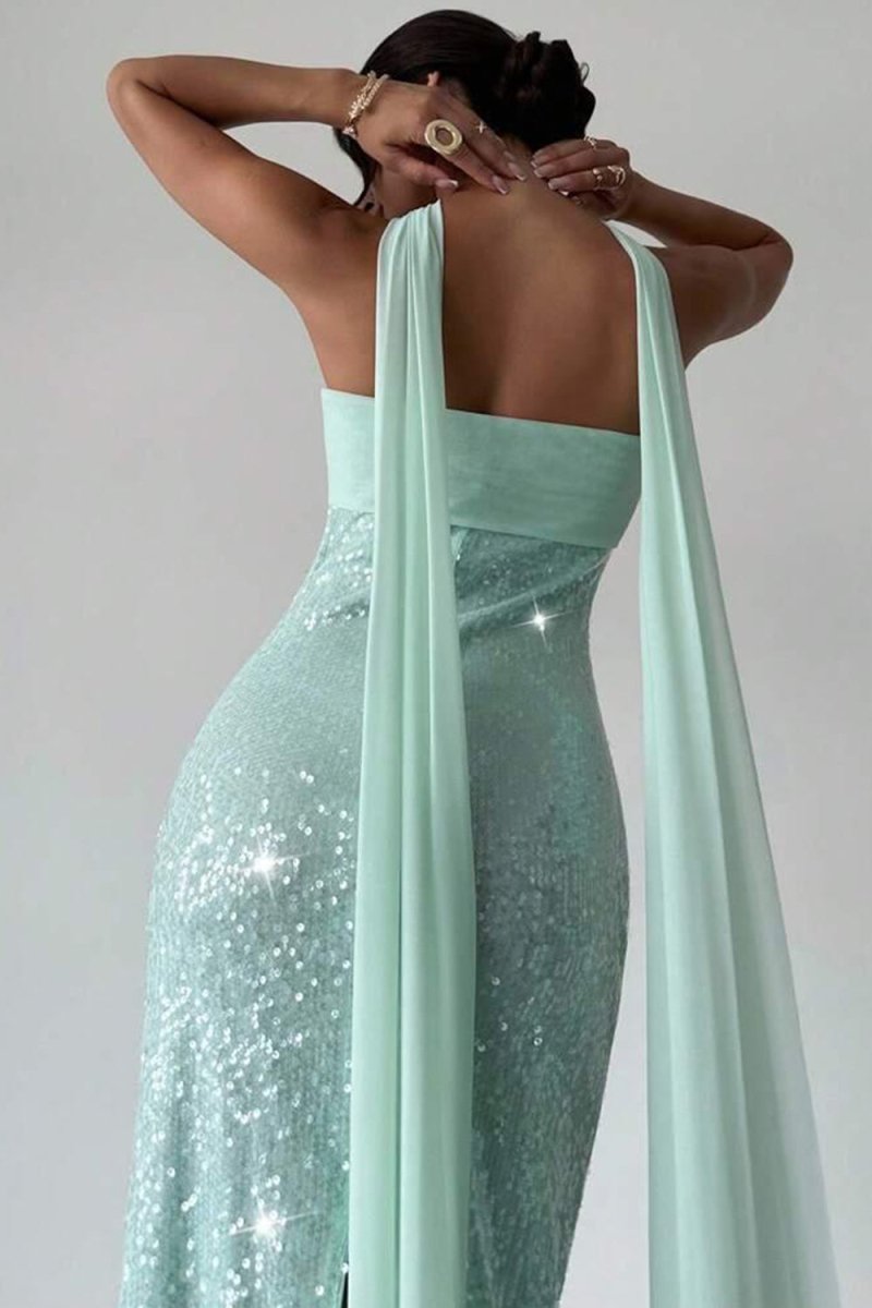 Aqua Strapless Sheath Sequined Formal Prom Dresses With Scarf
