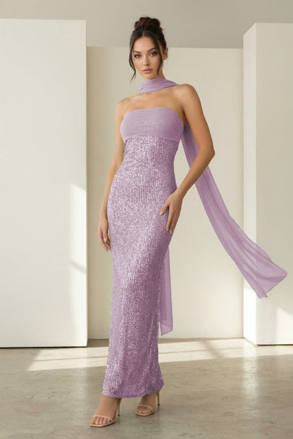 Aqua Strapless Sheath Sequined Formal Prom Dresses With Scarf