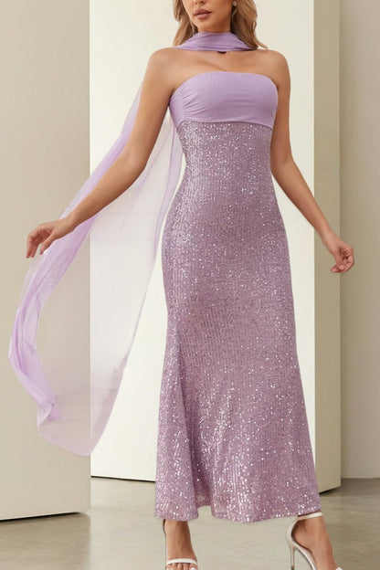 Aqua Strapless Sheath Sequined Formal Prom Dresses With Scarf