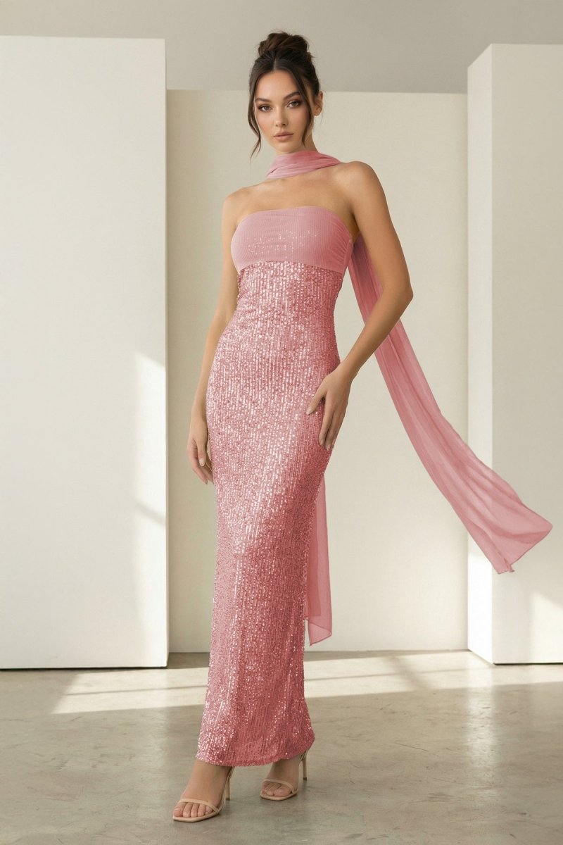 Aqua Strapless Sheath Sequined Formal Prom Dresses With Scarf