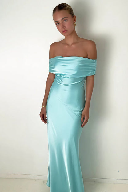 Aqua Sheath Off-the-Shoulder Satin Long Prom Dresses