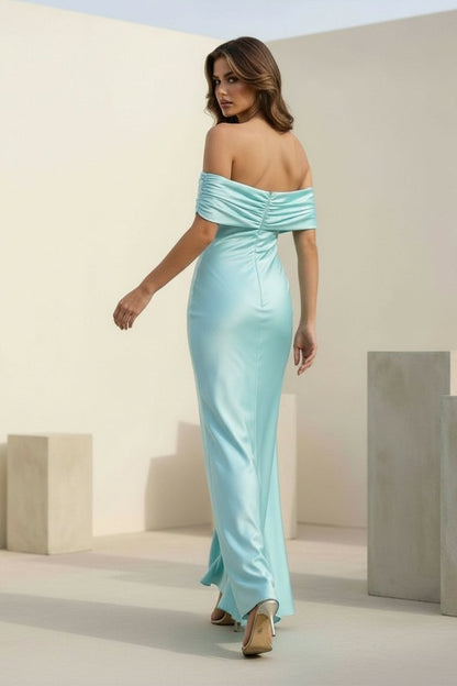 Aqua Sheath Off-the-Shoulder Satin Long Prom Dresses
