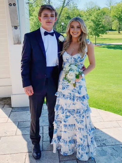 Blue Spaghetti Straps A Line Long Floral Prom Dress