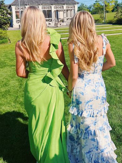 Blue Spaghetti Straps A Line Long Floral Prom Dress