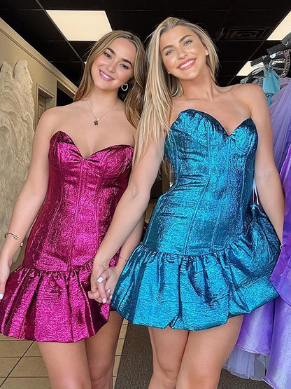 Blue - Strapless Metallic Ruffles A Line Homecoming Dresses