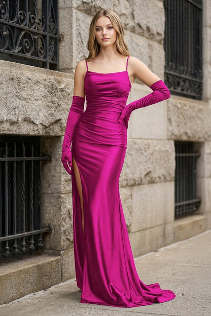 Black Spaghetti Straps High Slit Mermaid Satin Pleated Prom Dress