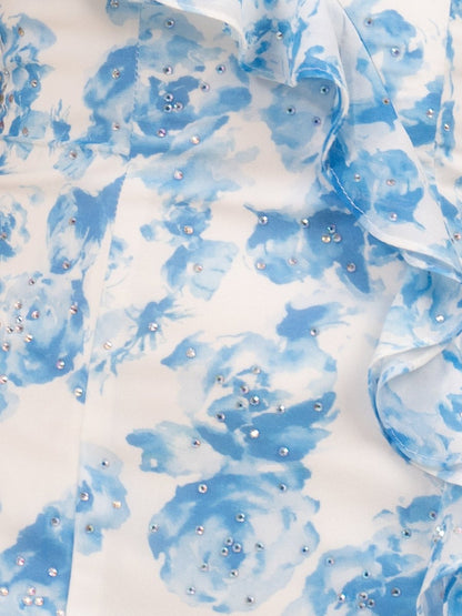 Blue - Sheath Strapless Floral Ruffles Short Homecoming Dresses