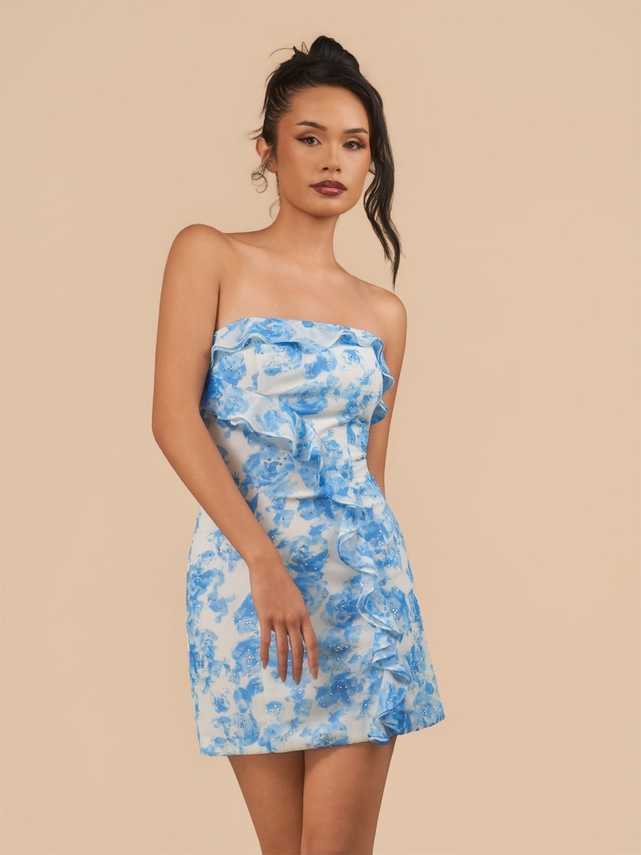 Blue - Sheath Strapless Floral Ruffles Short Homecoming Dresses