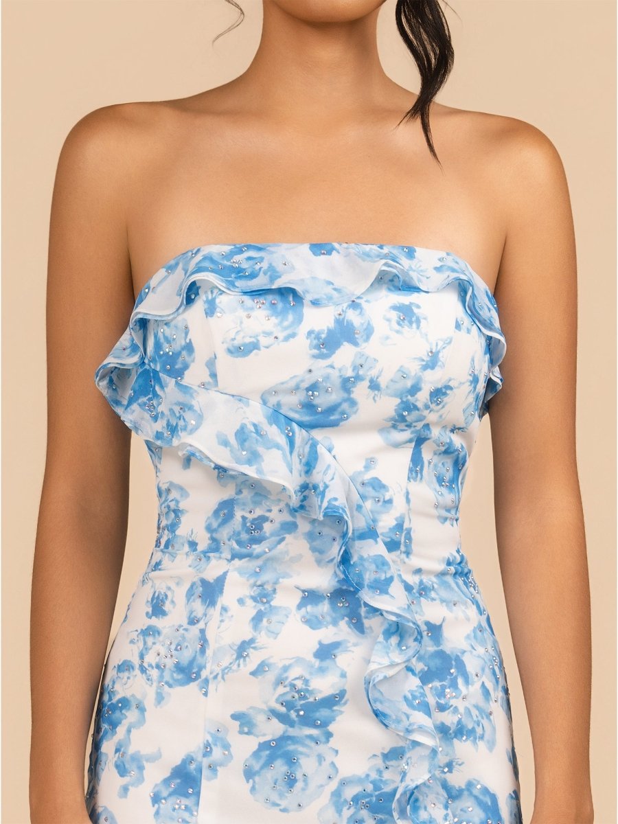 Blue - Sheath Strapless Floral Ruffles Short Homecoming Dresses