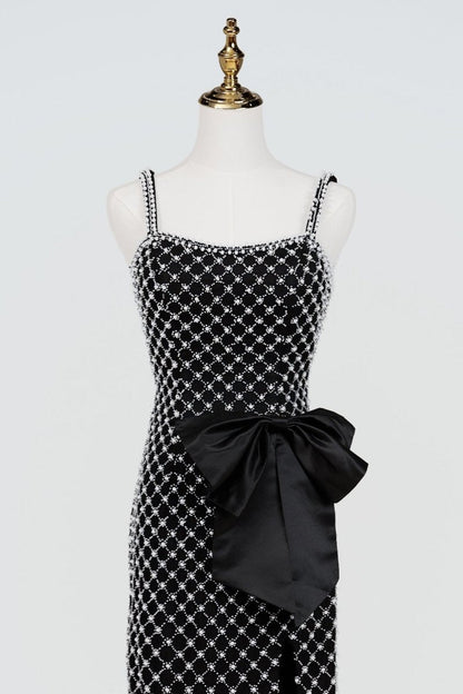 Black Spaghetti Straps Sheath Satin Beaded Formal Prom Dresses With Bowknot