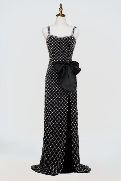 Black Spaghetti Straps Sheath Satin Beaded Formal Prom Dresses With Bowknot