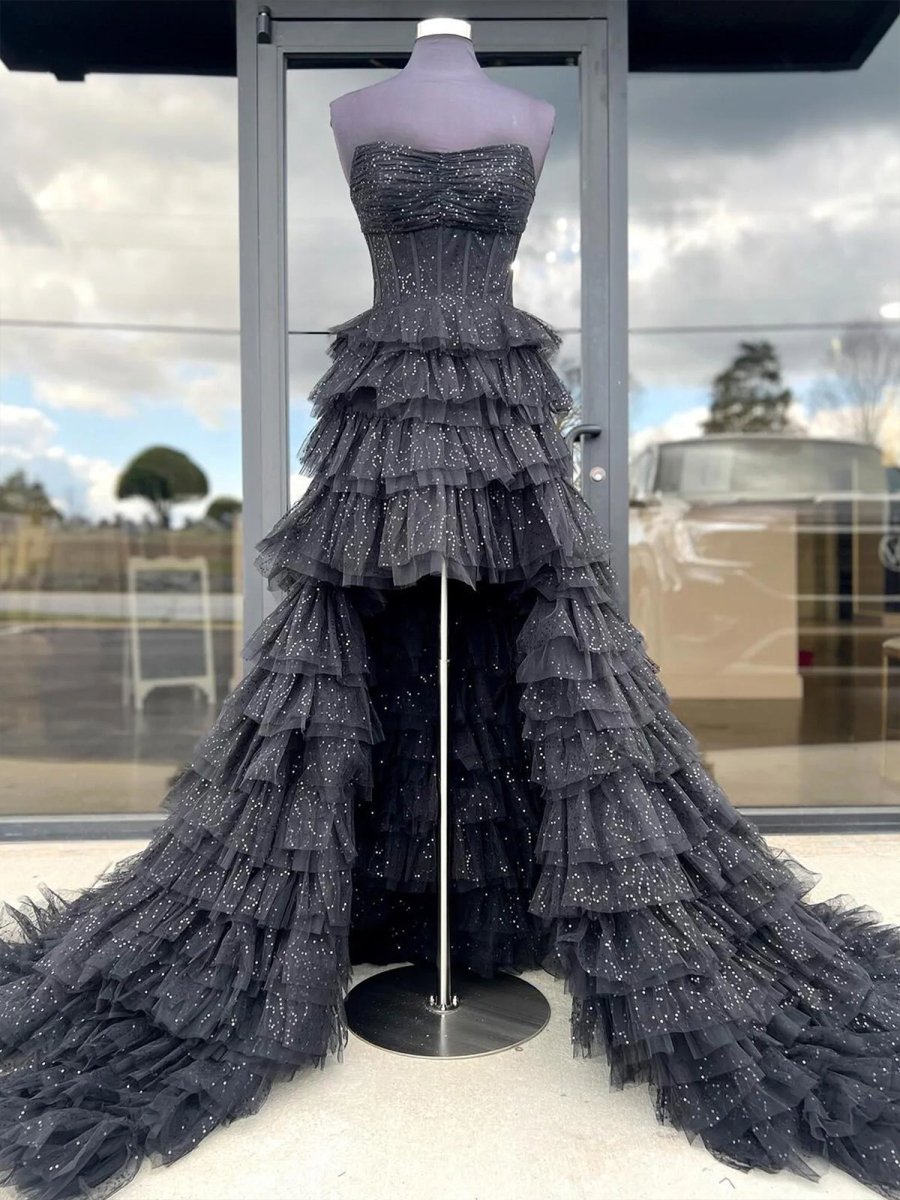 Black Strapless High Low Ruffles Tulle Prom Dress