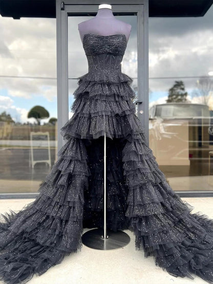 Black Strapless High Low Ruffles Tulle Prom Dress