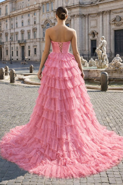 Black Strapless High Low Ruffles Tulle Prom Dress
