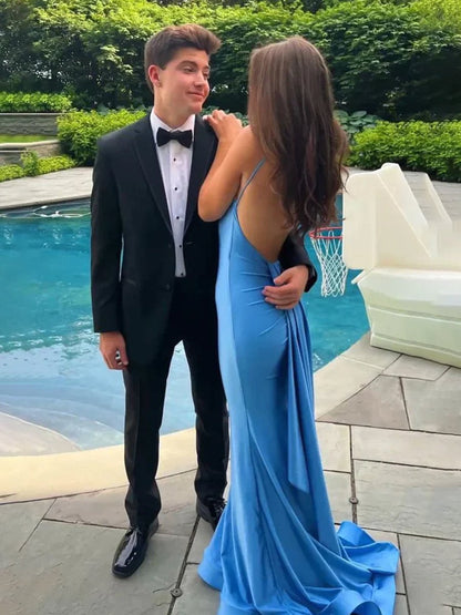 Blue Spaghetti Straps Mermaid Satin Backless Long Prom Dress