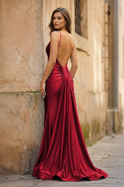 Blue Spaghetti Straps Mermaid Satin Backless Long Prom Dress