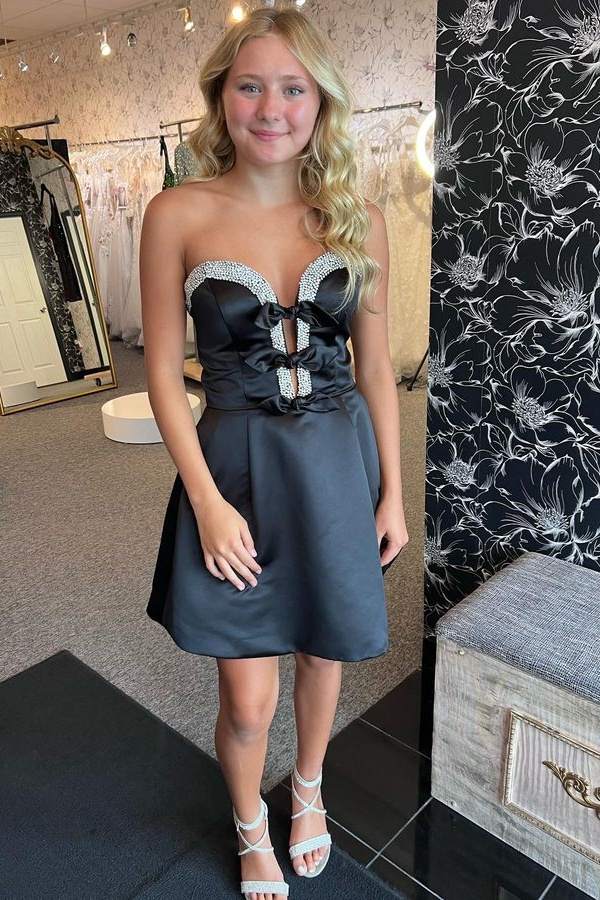 Black - Strapless A-Line Beaded Satin Homecoming Dress With Bow