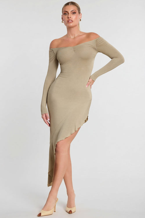Long Sleeve Off-The-Shoulder Modal Cashmere Blend Maxi Dress in Taupe