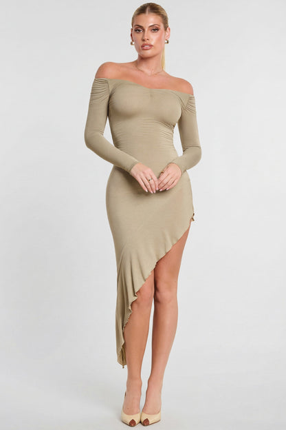 Long Sleeve Off-The-Shoulder Modal Cashmere Blend Maxi Dress in Taupe