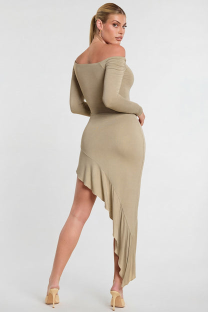 Long Sleeve Off-The-Shoulder Modal Cashmere Blend Maxi Dress in Taupe