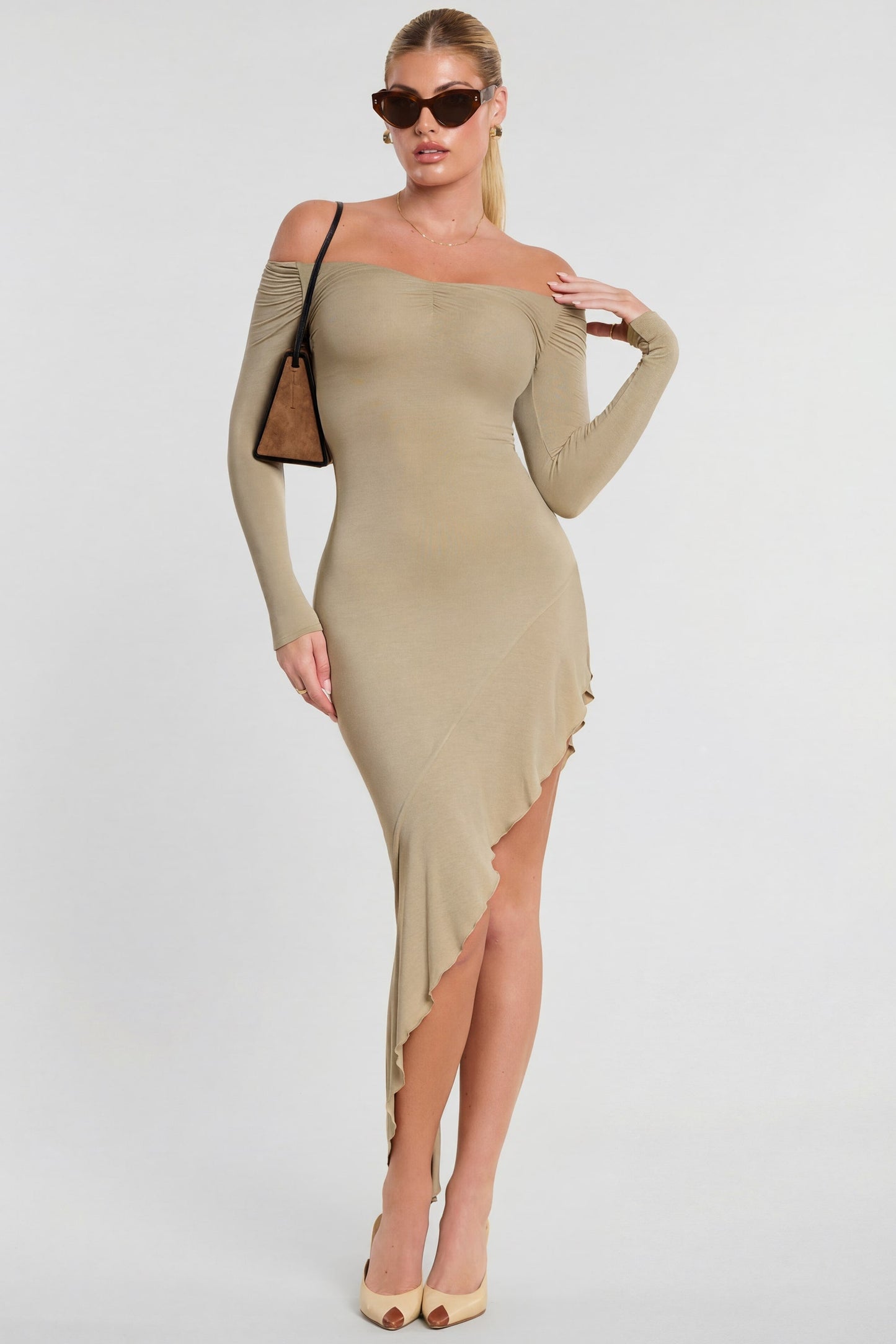 Long Sleeve Off-The-Shoulder Modal Cashmere Blend Maxi Dress in Taupe