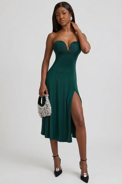 Slinky Jersey Strapless A-Line Midaxi Dress in Emerald Green