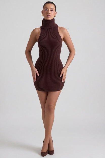 Ribbed-Knit Turtleneck Mini Dress in Espresso