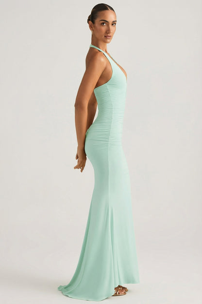 Ruched Backless Halterneck Gown in Mint