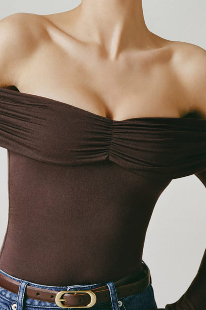 Modal-Cashmere Blend Off-Shoulder Ruched Top in Espresso