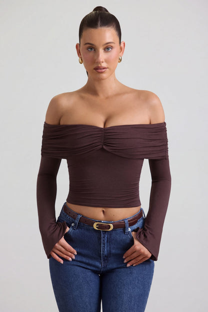 Modal-Cashmere Blend Off-Shoulder Ruched Top in Espresso