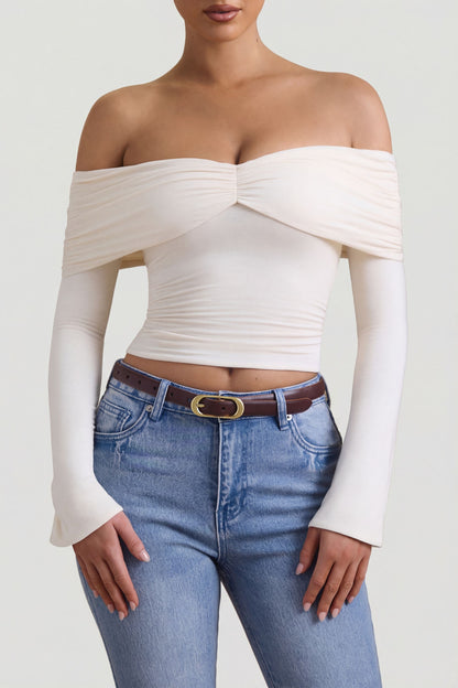 Modal-Cashmere Blend Off-Shoulder Ruched Top in Ivory
