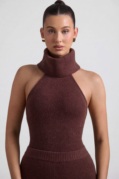Ribbed-Knit Turtleneck Backless Top in Espresso
