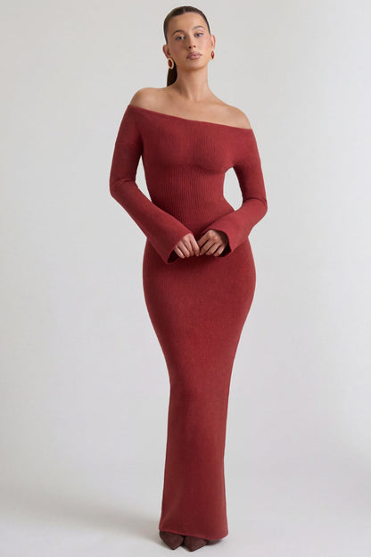 Ribbed-Knit Off-Shoulder Maxi Dress in Brick Red