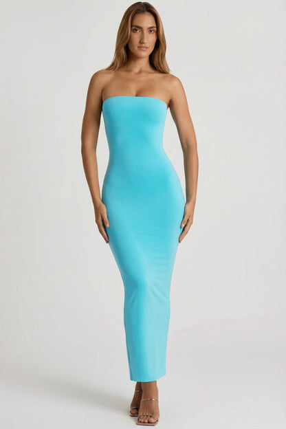 Modal Bandeau Bodycon Maxi Dress in Aqua Blue
