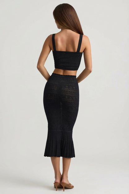 Ruffle-Trim Pointelle-Knit Midaxi Skirt in Black