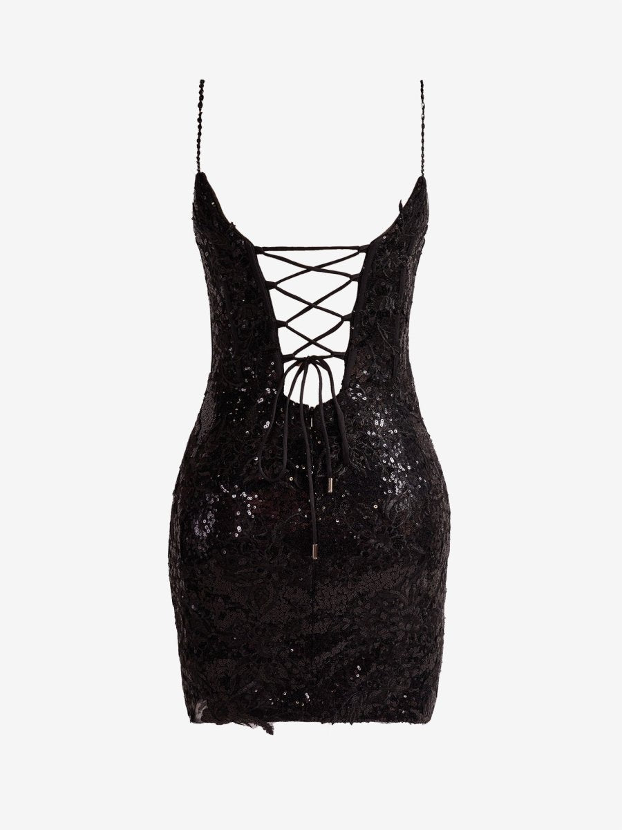 Black Sheath Spaghetti Straps Sequined Lace Mini Party Dresses