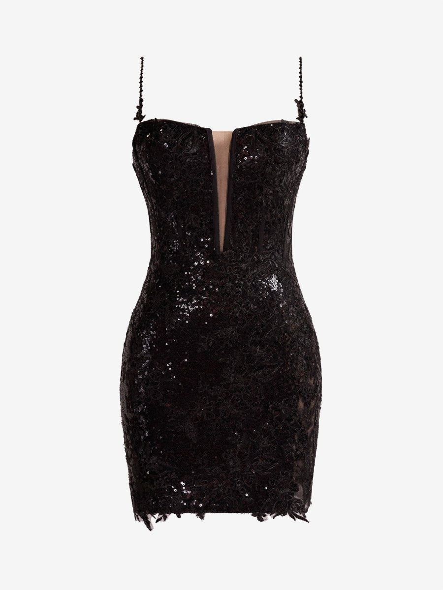 Black Sheath Spaghetti Straps Sequined Lace Mini Party Dresses