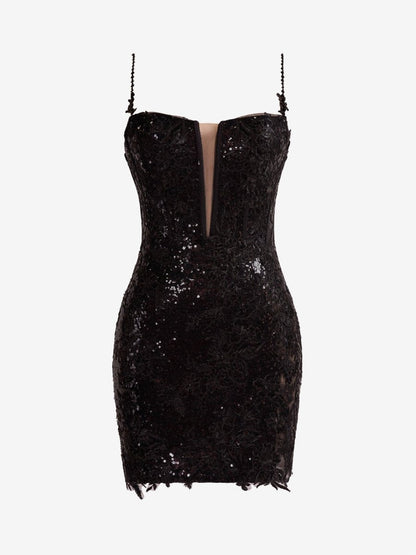 Black Sheath Spaghetti Straps Sequined Lace Mini Party Dresses