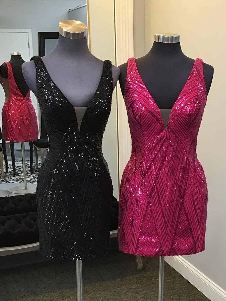 Black - V-neck Sequins Short Homecoming Dress With Open Back