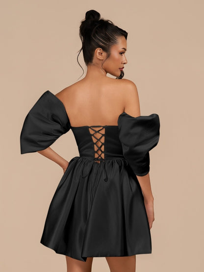 Black - A Line Satin Strapless Puffed Sleeves Short Homecoming Dresses