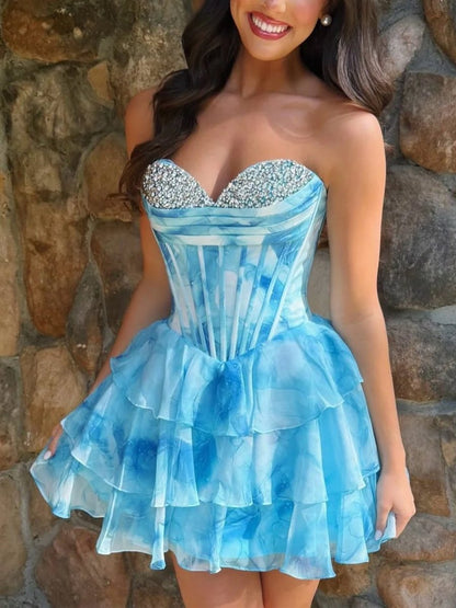 Blue - Strapless A Line Chiffon Tiered Homecoming Dress With Beading