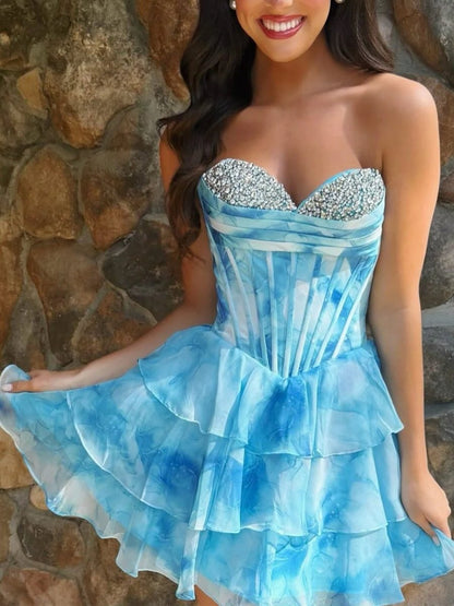 Blue - Strapless A Line Chiffon Tiered Homecoming Dress With Beading