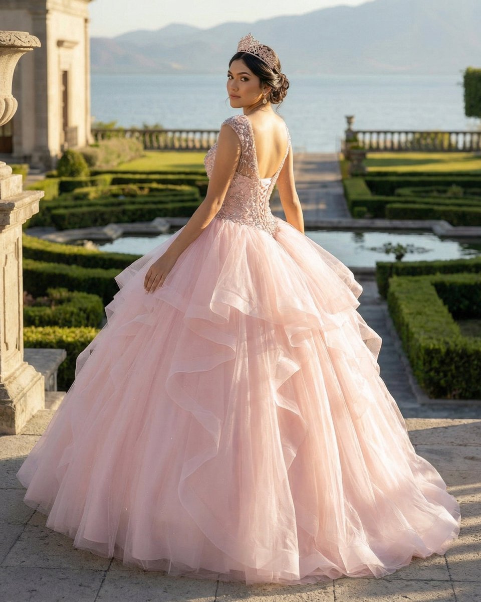 Ball Gown See Through Neck Tulle Blush Pink Quinceanera Dresses