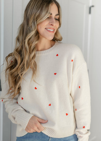 Red Heart Embroidered Knit Sweater